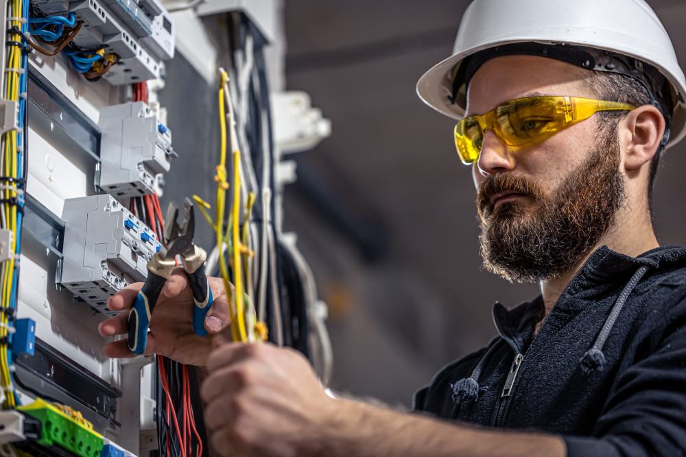 An electrician in hardhat and safety glasses working on a switchboard